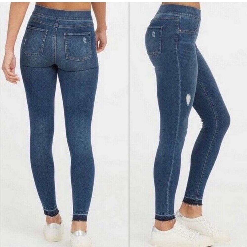 NEW Spanx Distressed Pull On Skinny Jeans Medium Wash Raw Hem Size Small  $128